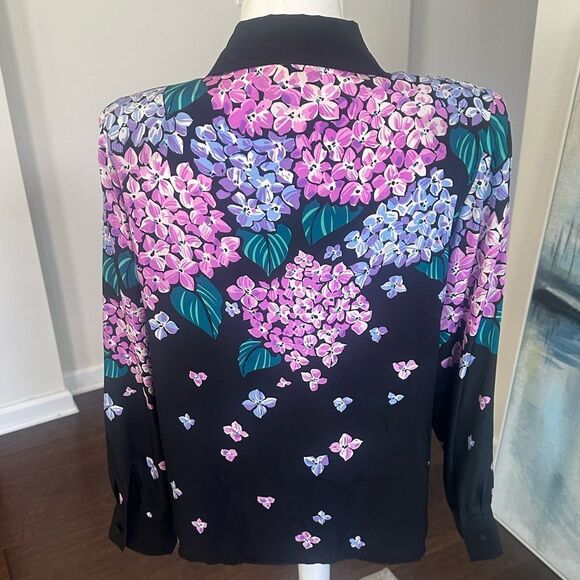 Bob Mackie Wearable Art Black Floral Silk Button-Up Blouse XS - Picture 3 of 5